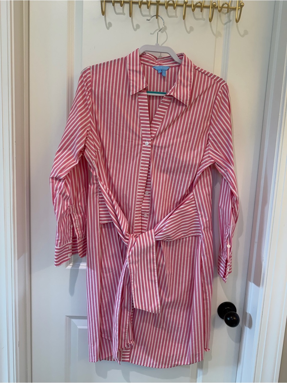 Drapper James Pink and White Striped Button-Front Shirt Dress with Tie